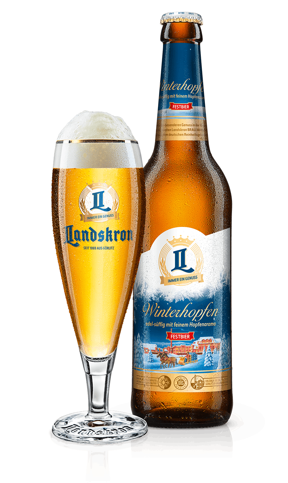 Eine Flasche Landskron Winterhopfen und eine gefülltes Glas