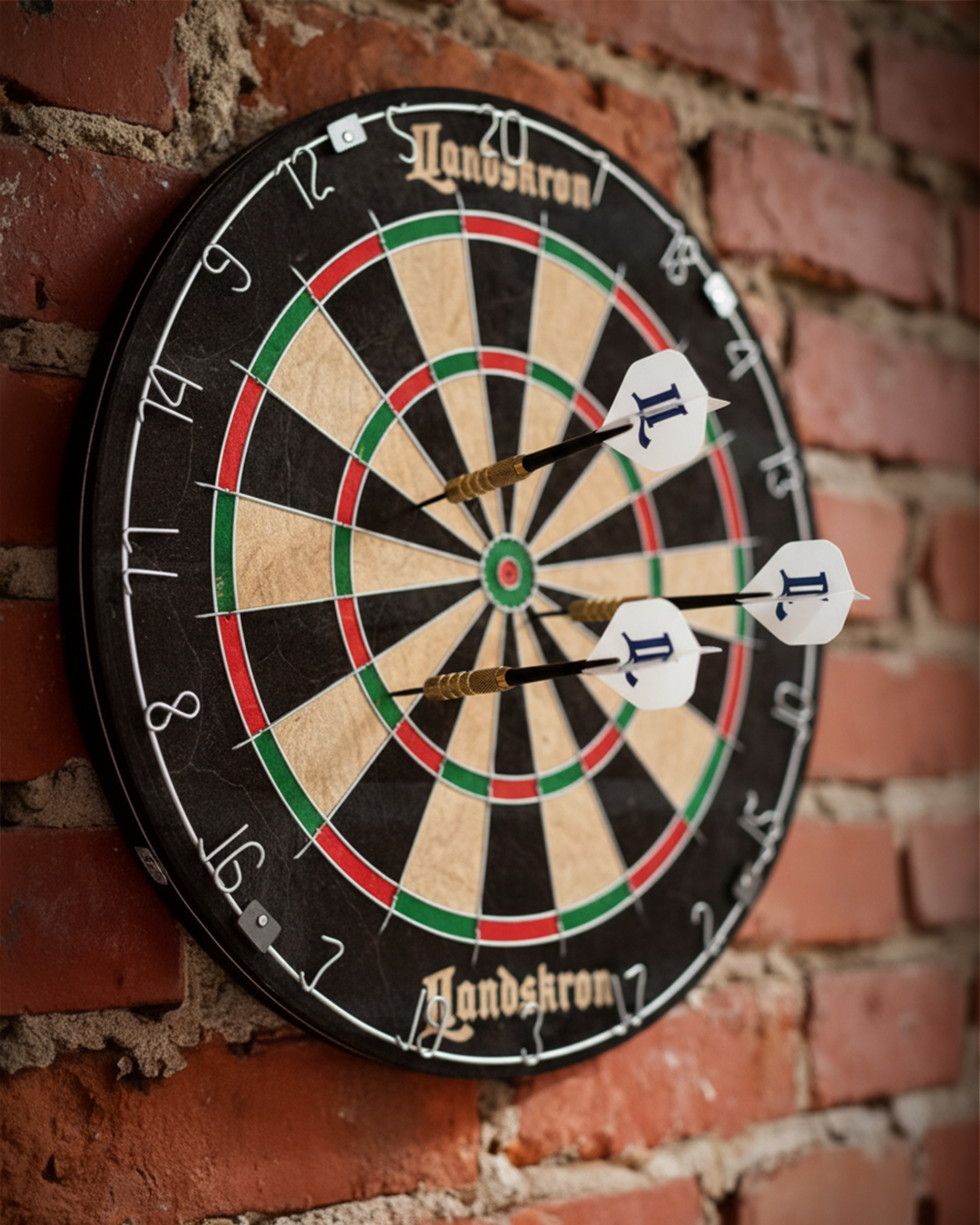 Landskron Dartscheibe an einer Ziegelwand